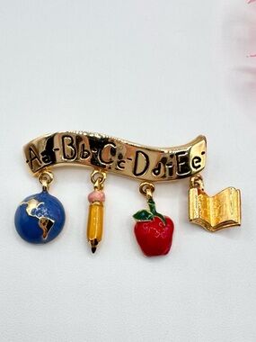 Vintage ABCDE Teacher Pin Brooch With Charms Pencil Apple Book Globe Signed TC